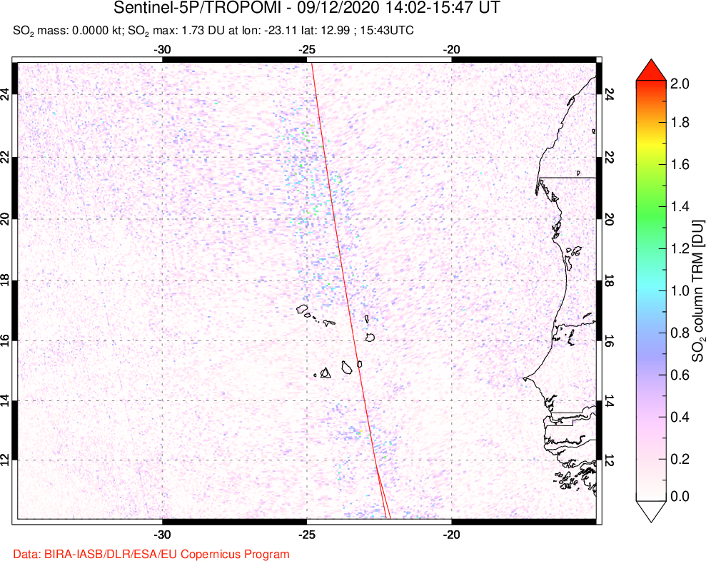A sulfur dioxide image over Cape Verde Islands on Sep 12, 2020.