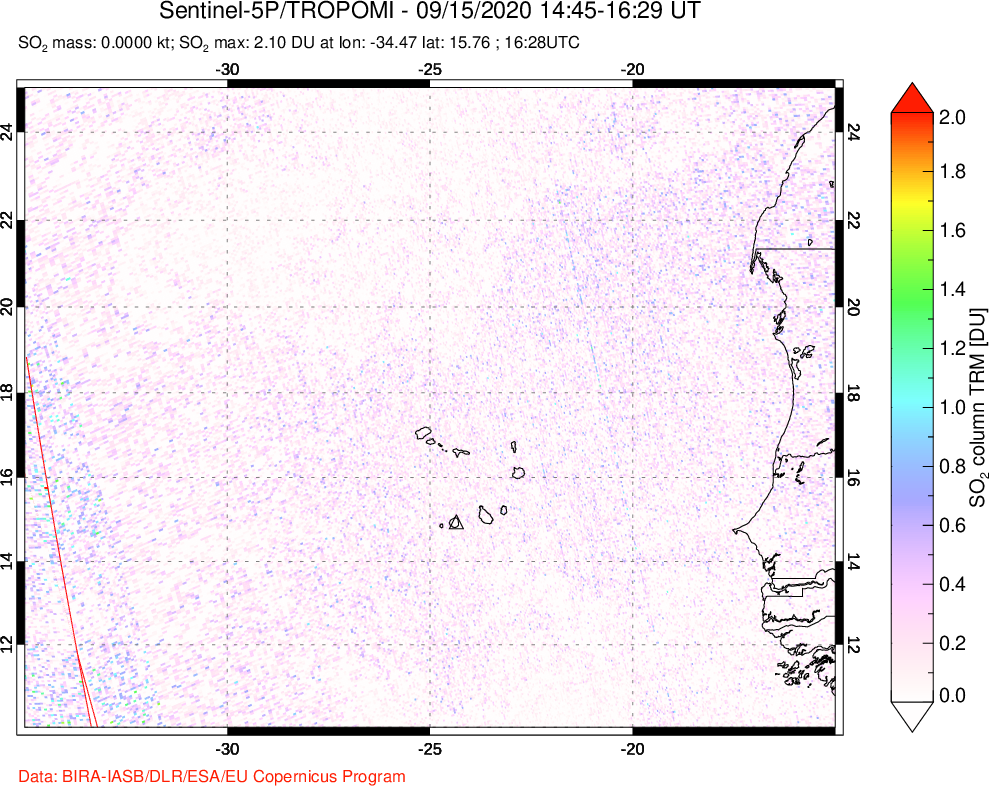 A sulfur dioxide image over Cape Verde Islands on Sep 15, 2020.