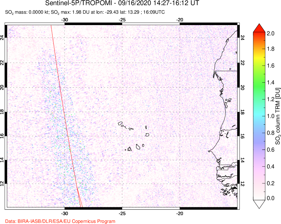 A sulfur dioxide image over Cape Verde Islands on Sep 16, 2020.
