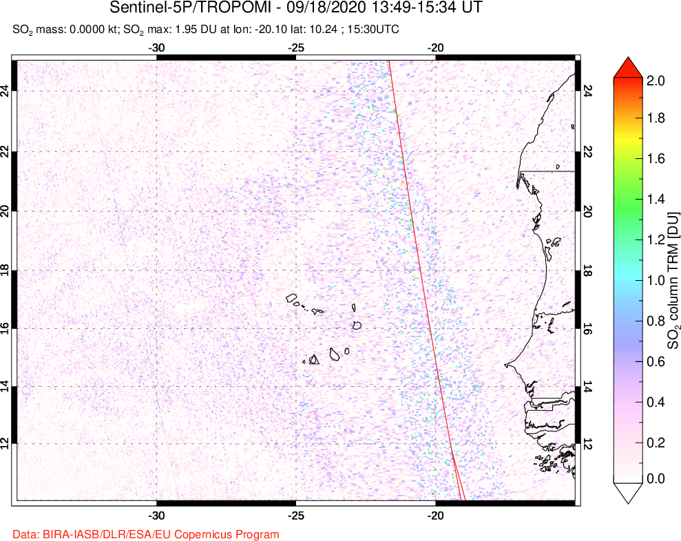 A sulfur dioxide image over Cape Verde Islands on Sep 18, 2020.