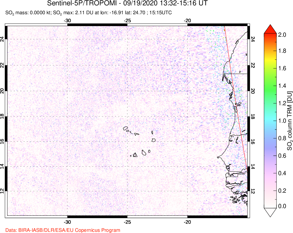 A sulfur dioxide image over Cape Verde Islands on Sep 19, 2020.