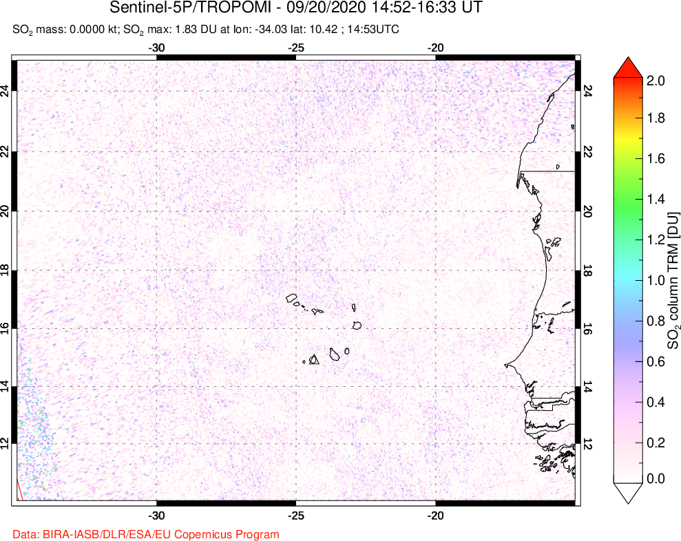 A sulfur dioxide image over Cape Verde Islands on Sep 20, 2020.