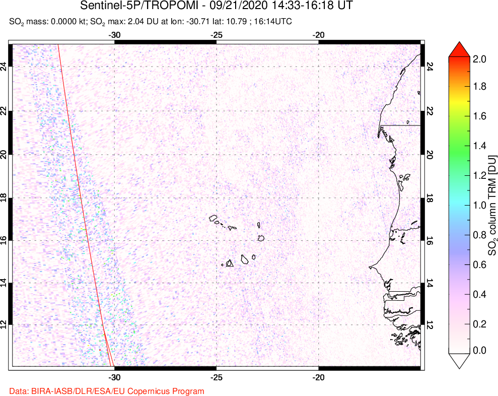 A sulfur dioxide image over Cape Verde Islands on Sep 21, 2020.
