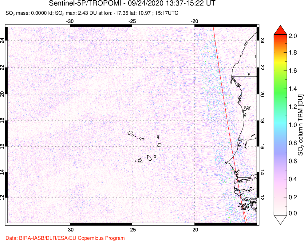 A sulfur dioxide image over Cape Verde Islands on Sep 24, 2020.