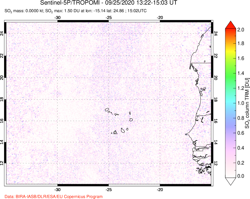 A sulfur dioxide image over Cape Verde Islands on Sep 25, 2020.