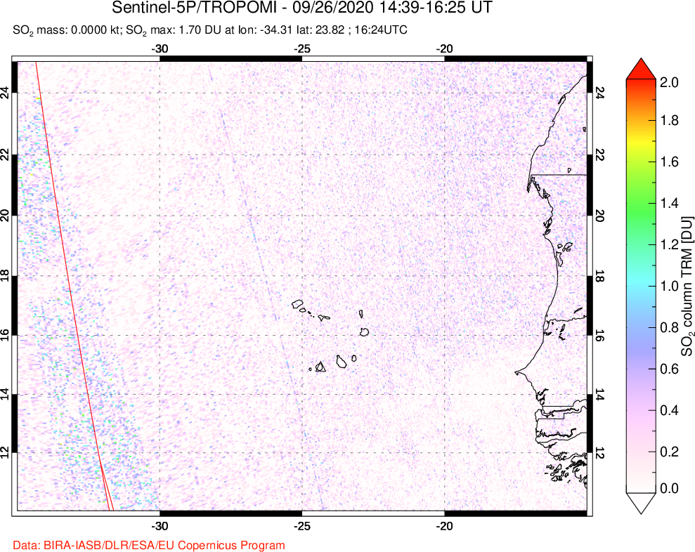 A sulfur dioxide image over Cape Verde Islands on Sep 26, 2020.