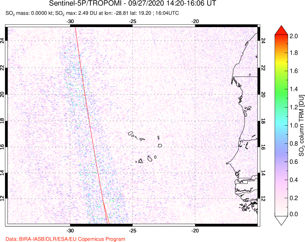 A sulfur dioxide image over Cape Verde Islands on Sep 27, 2020.