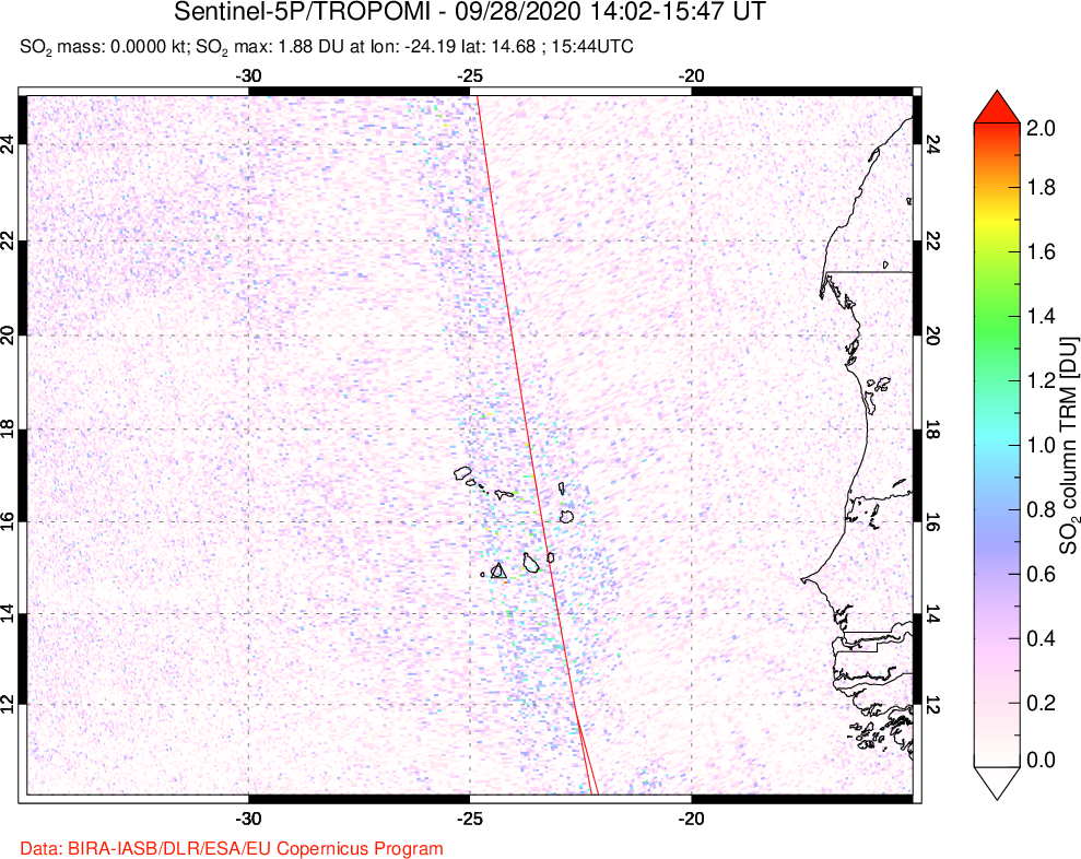 A sulfur dioxide image over Cape Verde Islands on Sep 28, 2020.