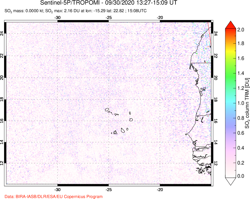 A sulfur dioxide image over Cape Verde Islands on Sep 30, 2020.