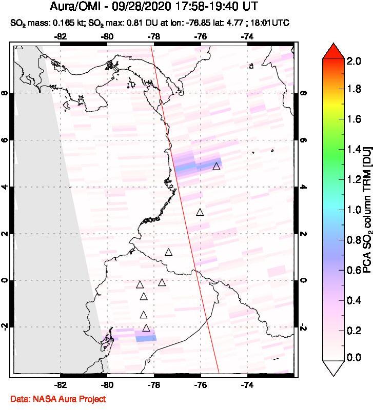 A sulfur dioxide image over Ecuador on Sep 28, 2020.