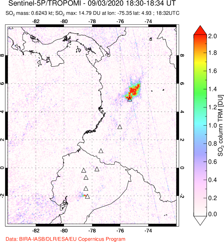 A sulfur dioxide image over Ecuador on Sep 03, 2020.