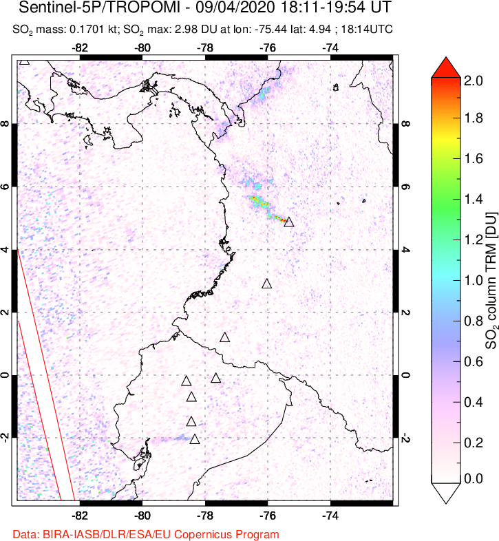 A sulfur dioxide image over Ecuador on Sep 04, 2020.