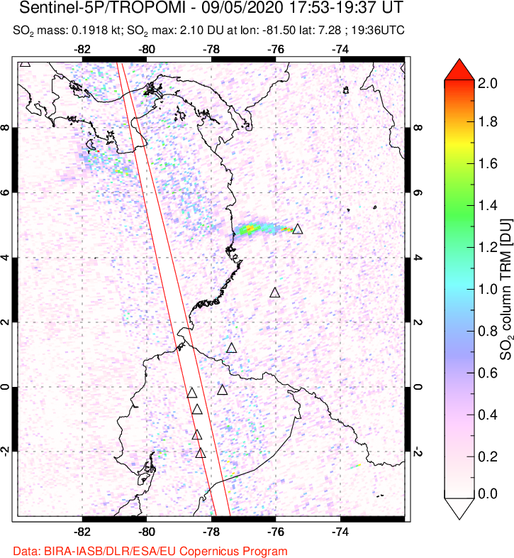 A sulfur dioxide image over Ecuador on Sep 05, 2020.