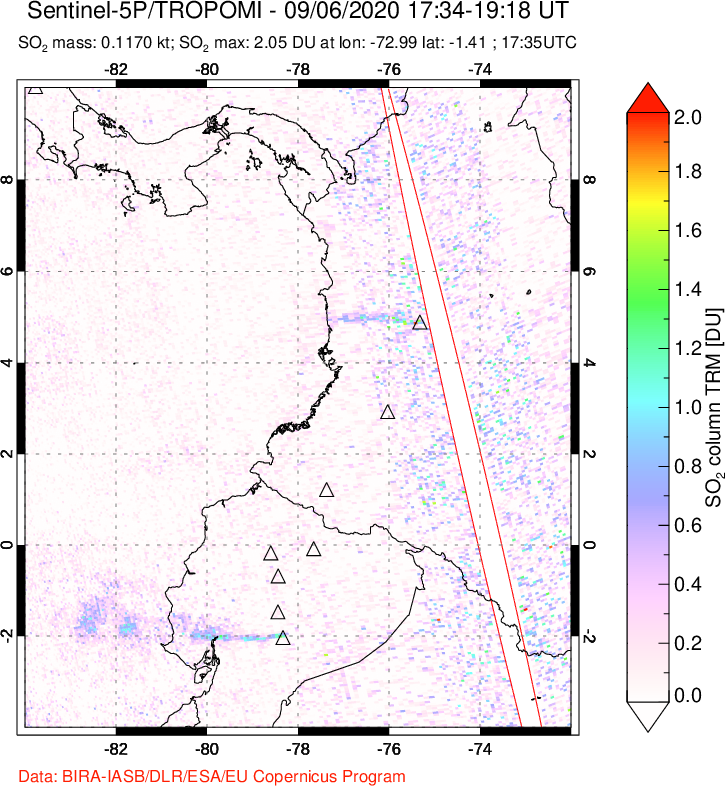 A sulfur dioxide image over Ecuador on Sep 06, 2020.