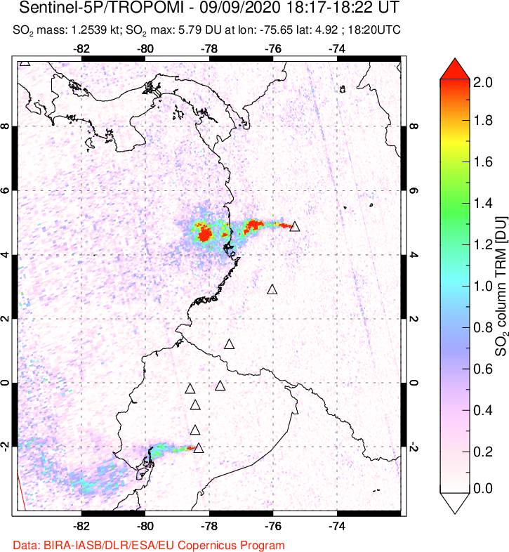 A sulfur dioxide image over Ecuador on Sep 09, 2020.