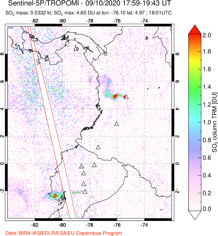 A sulfur dioxide image over Ecuador on Sep 10, 2020.