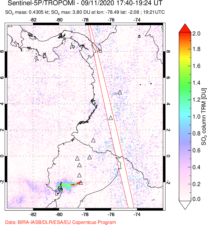 A sulfur dioxide image over Ecuador on Sep 11, 2020.