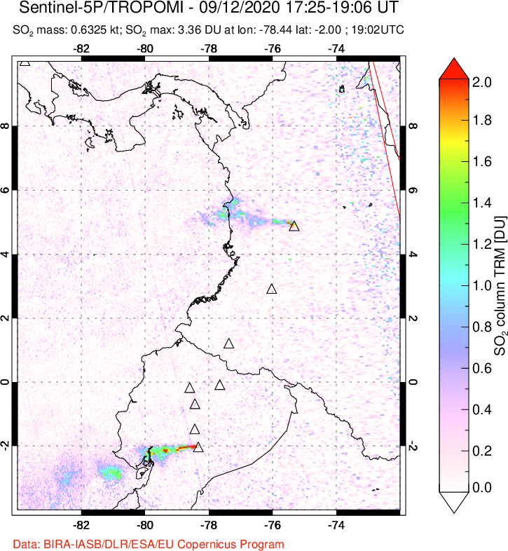 A sulfur dioxide image over Ecuador on Sep 12, 2020.
