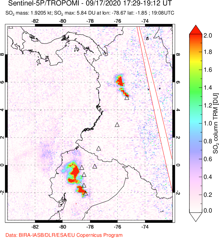 A sulfur dioxide image over Ecuador on Sep 17, 2020.
