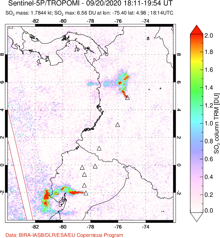 A sulfur dioxide image over Ecuador on Sep 20, 2020.
