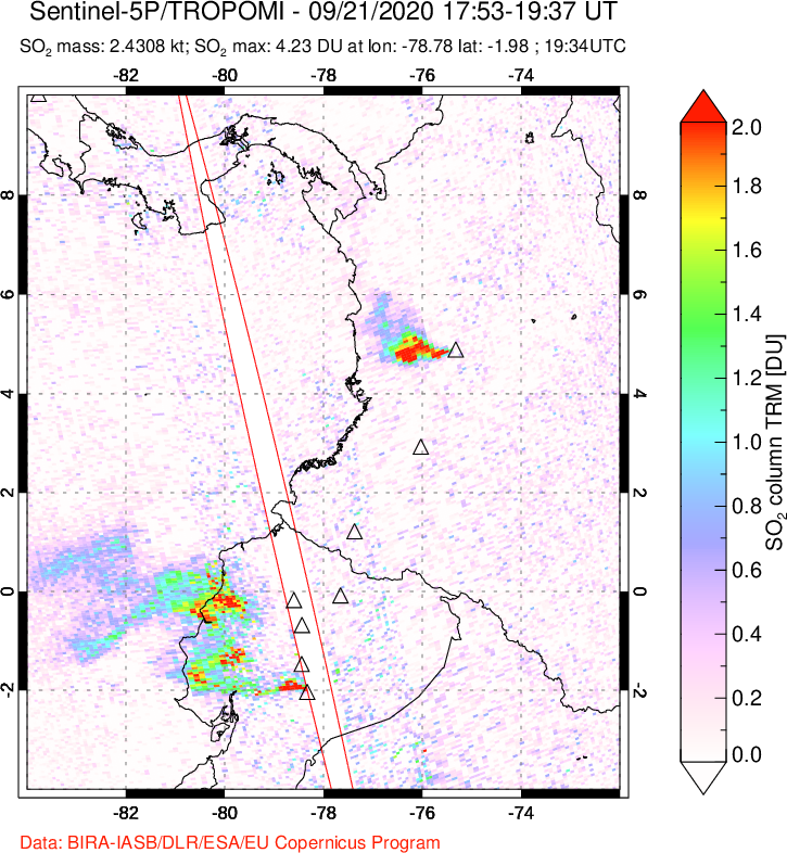 A sulfur dioxide image over Ecuador on Sep 21, 2020.
