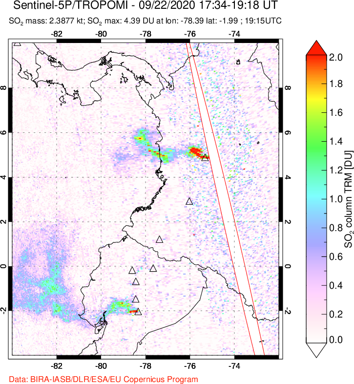 A sulfur dioxide image over Ecuador on Sep 22, 2020.