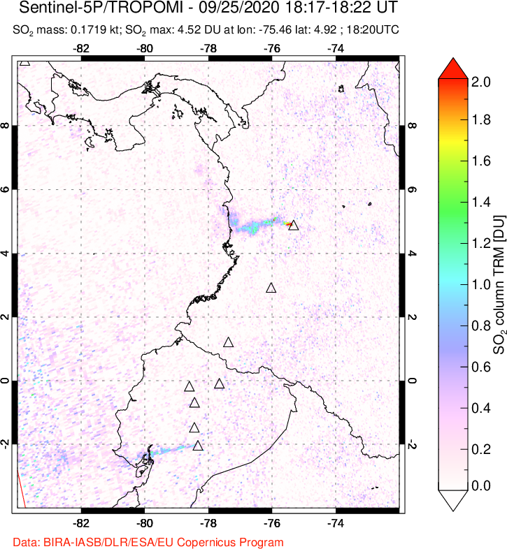 A sulfur dioxide image over Ecuador on Sep 25, 2020.