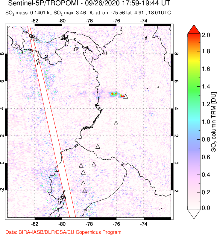A sulfur dioxide image over Ecuador on Sep 26, 2020.
