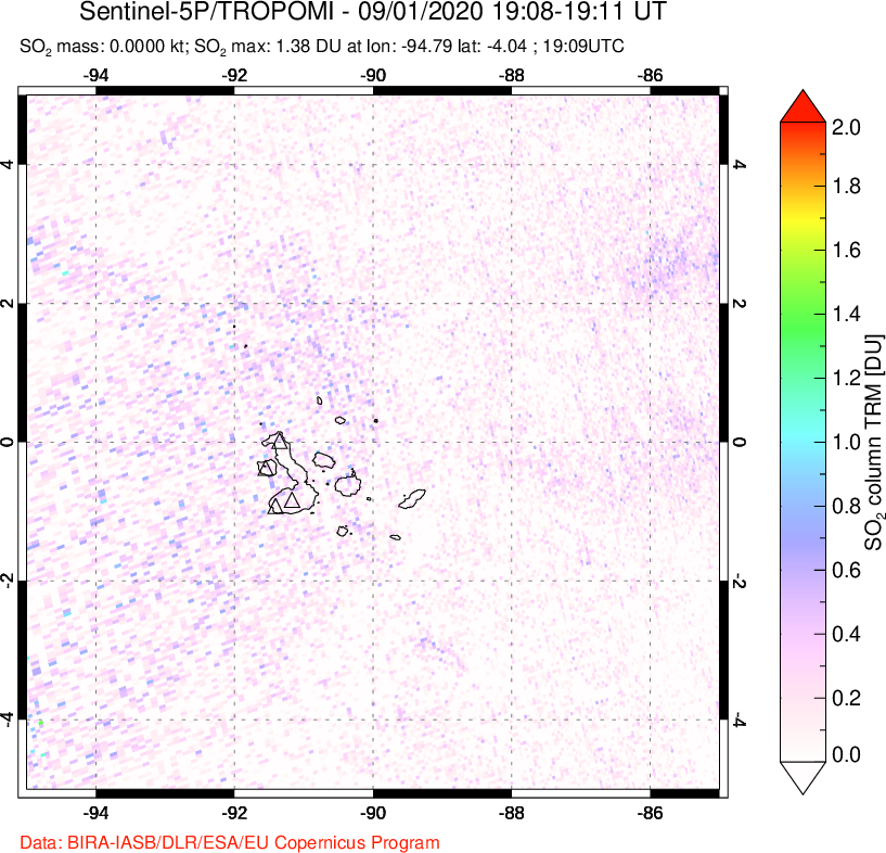 A sulfur dioxide image over Galápagos Islands on Sep 01, 2020.