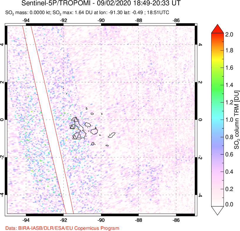 A sulfur dioxide image over Galápagos Islands on Sep 02, 2020.