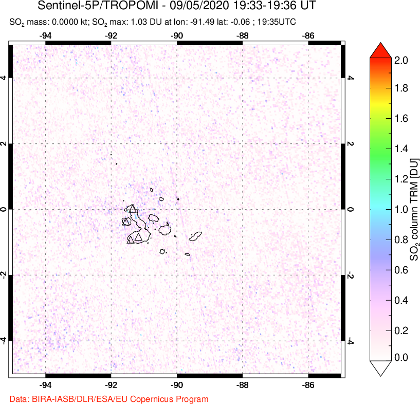 A sulfur dioxide image over Galápagos Islands on Sep 05, 2020.