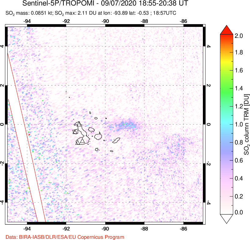 A sulfur dioxide image over Galápagos Islands on Sep 07, 2020.