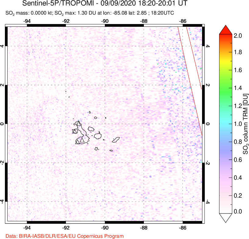A sulfur dioxide image over Galápagos Islands on Sep 09, 2020.