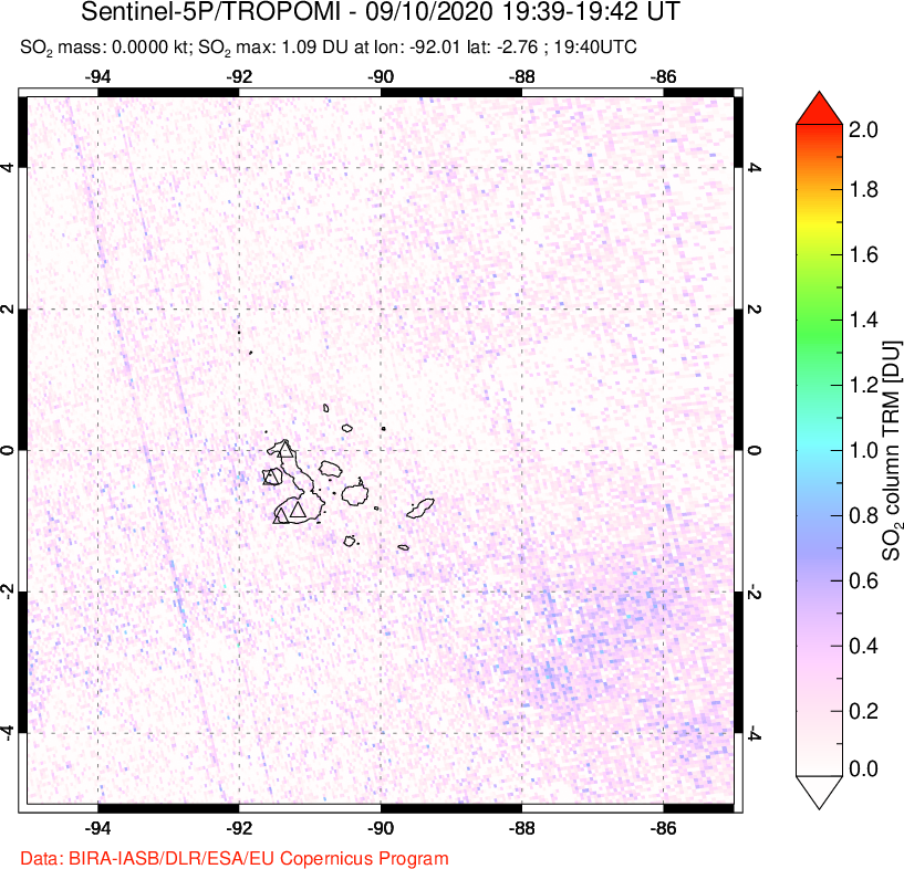 A sulfur dioxide image over Galápagos Islands on Sep 10, 2020.