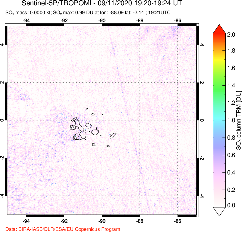 A sulfur dioxide image over Galápagos Islands on Sep 11, 2020.