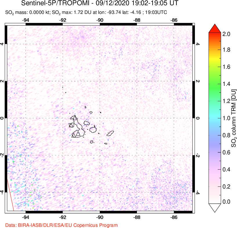 A sulfur dioxide image over Galápagos Islands on Sep 12, 2020.