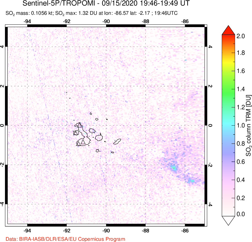 A sulfur dioxide image over Galápagos Islands on Sep 15, 2020.