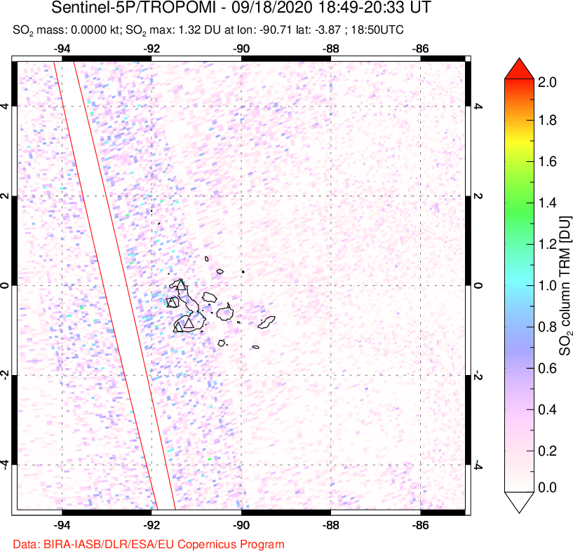A sulfur dioxide image over Galápagos Islands on Sep 18, 2020.