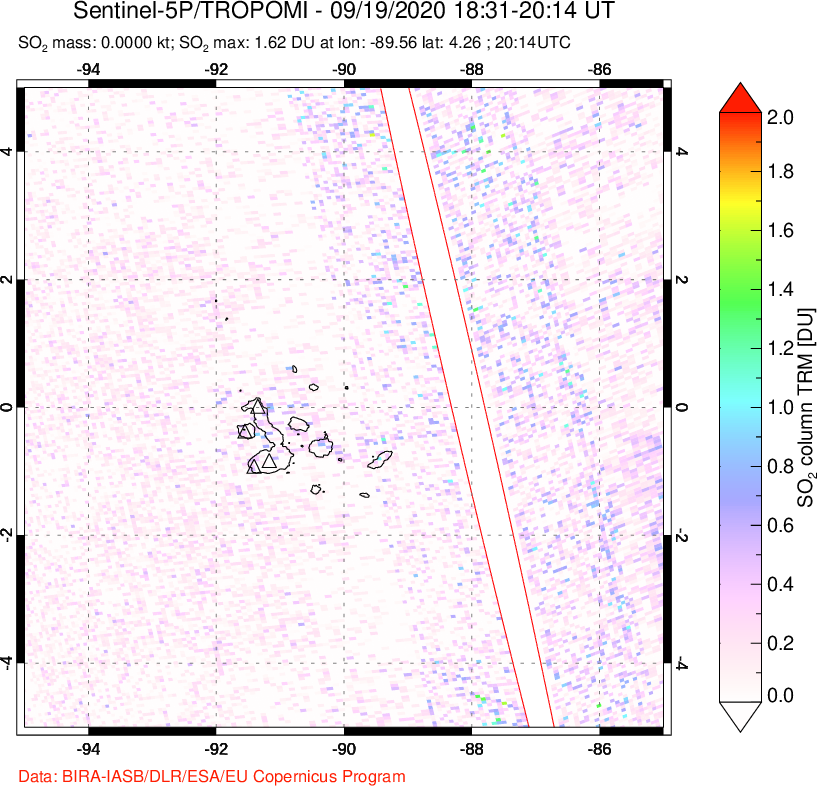 A sulfur dioxide image over Galápagos Islands on Sep 19, 2020.