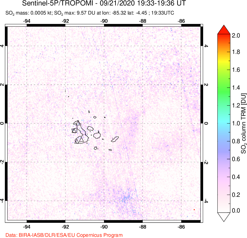 A sulfur dioxide image over Galápagos Islands on Sep 21, 2020.