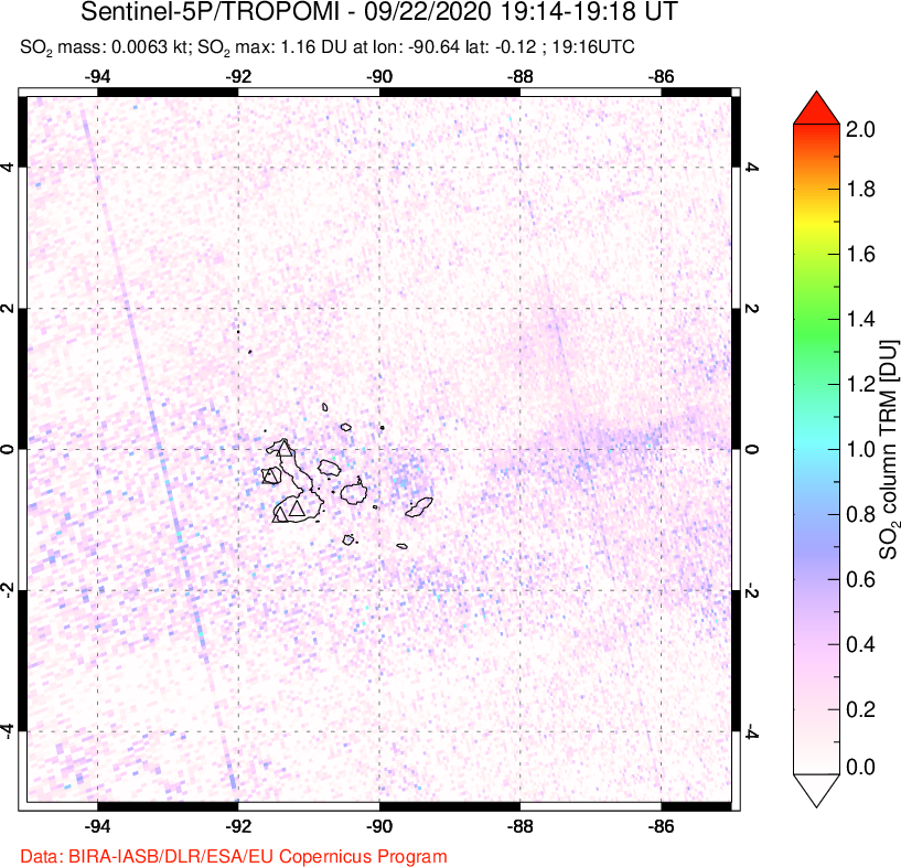 A sulfur dioxide image over Galápagos Islands on Sep 22, 2020.