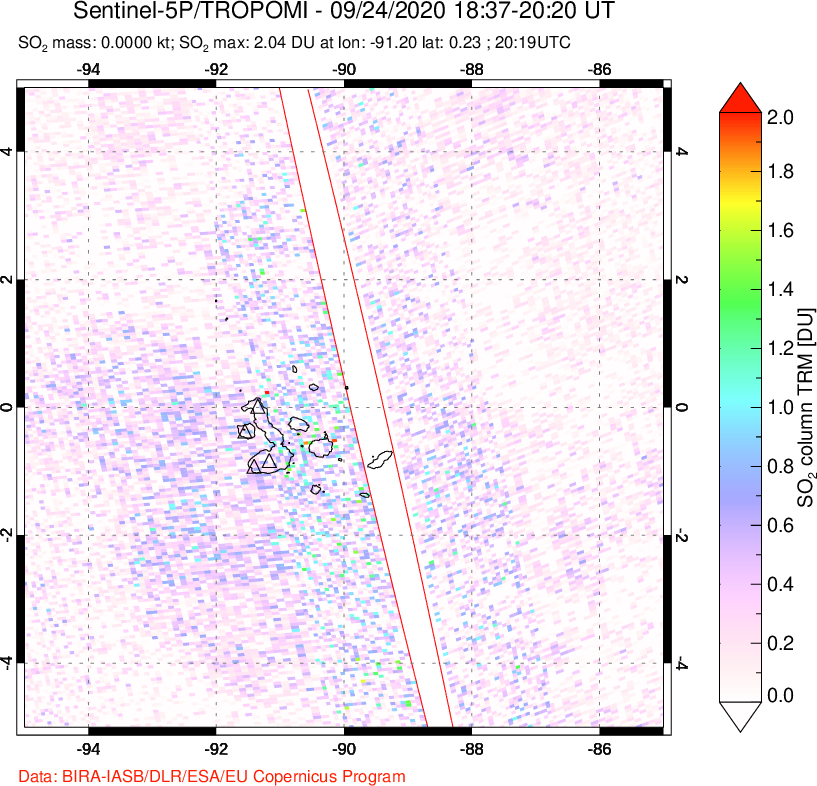 A sulfur dioxide image over Galápagos Islands on Sep 24, 2020.