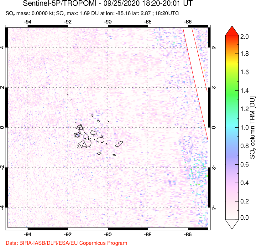 A sulfur dioxide image over Galápagos Islands on Sep 25, 2020.