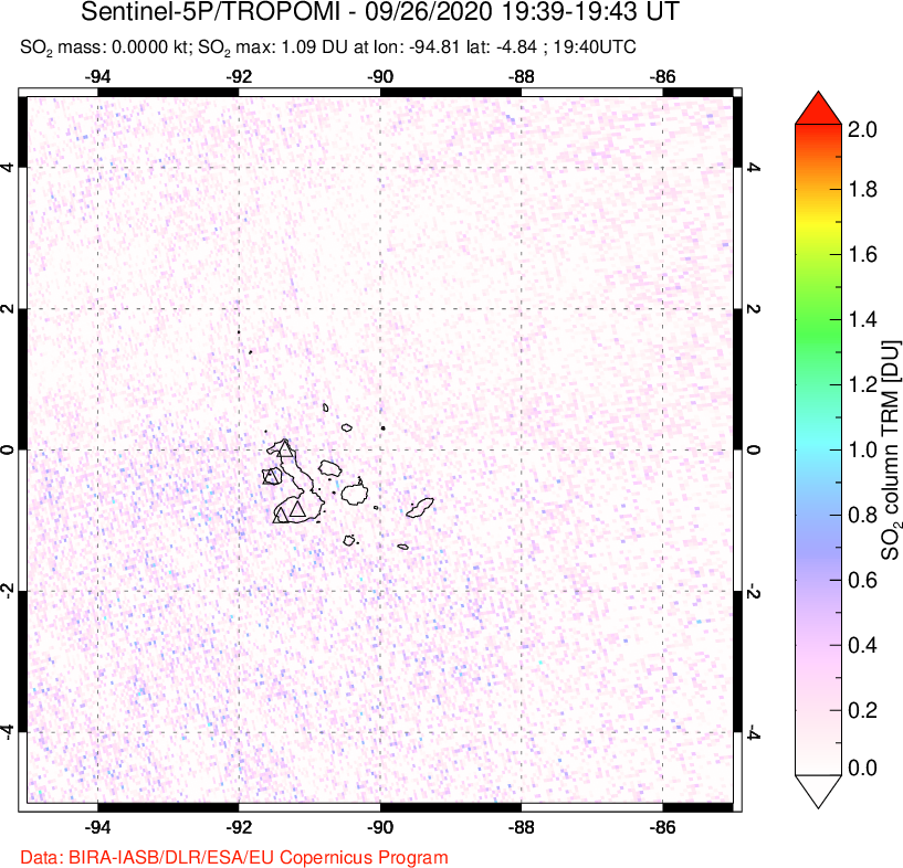 A sulfur dioxide image over Galápagos Islands on Sep 26, 2020.