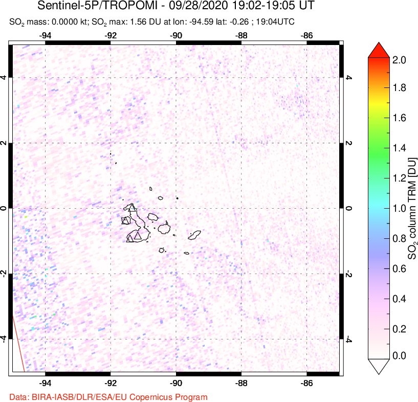 A sulfur dioxide image over Galápagos Islands on Sep 28, 2020.