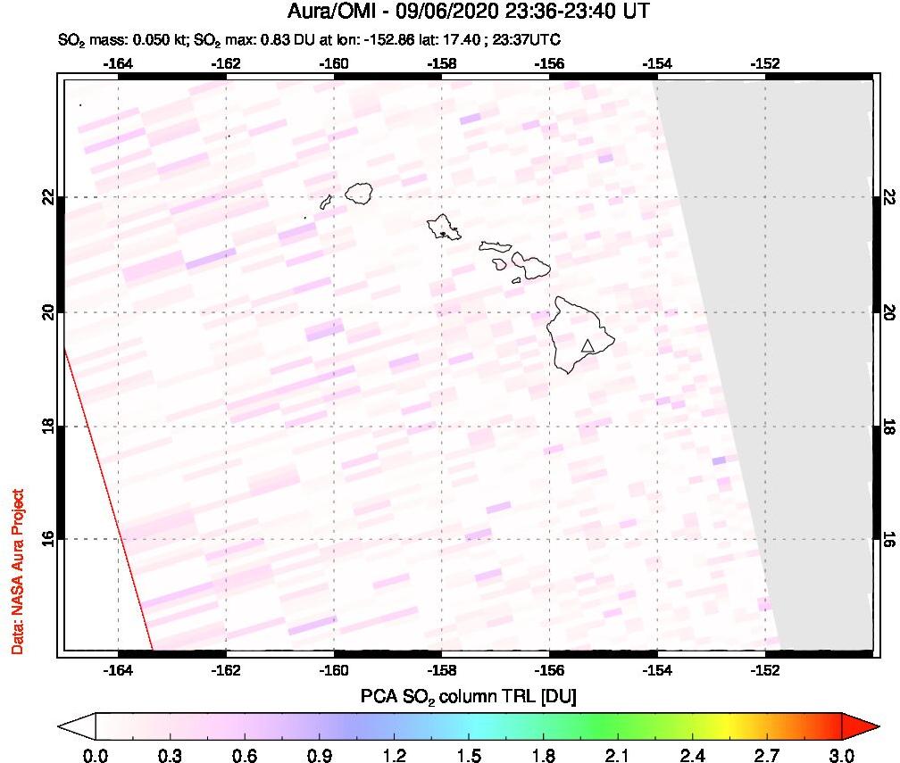 A sulfur dioxide image over Hawaii, USA on Sep 06, 2020.