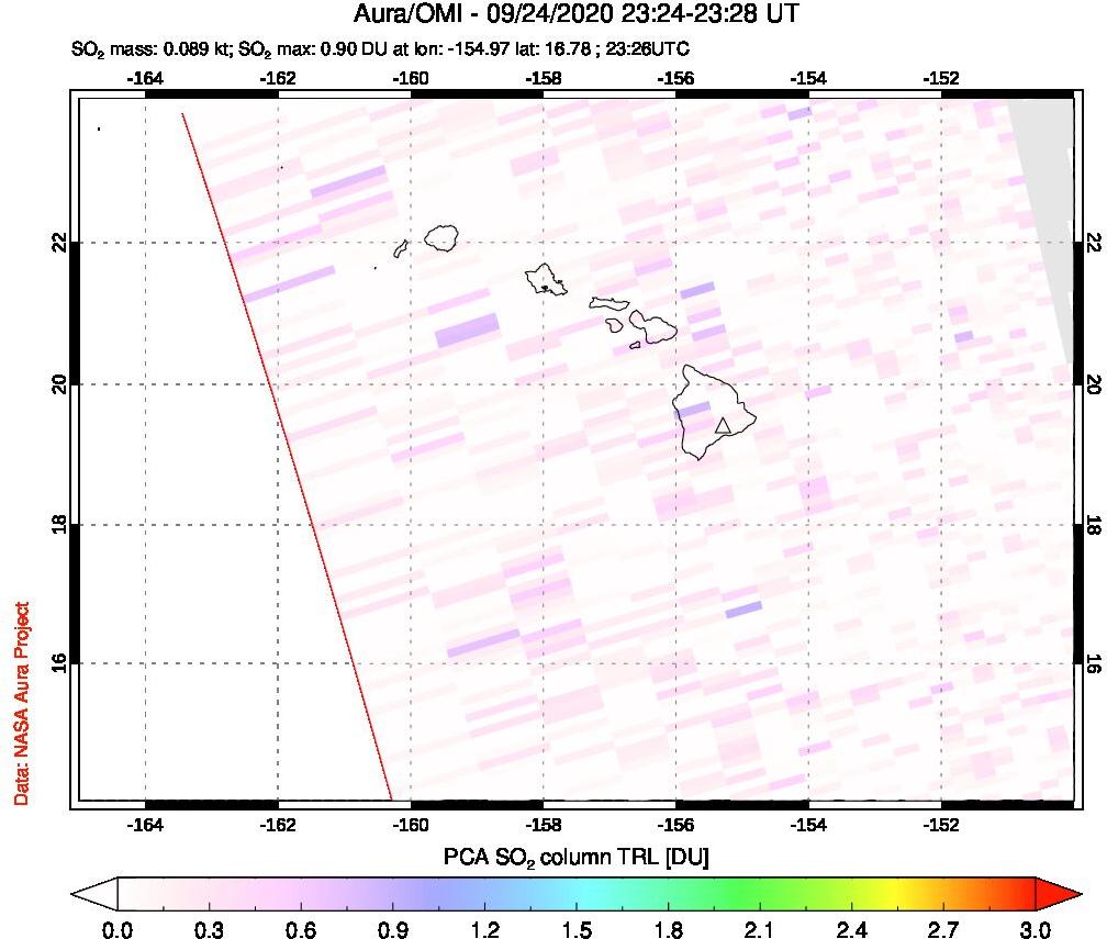 A sulfur dioxide image over Hawaii, USA on Sep 24, 2020.