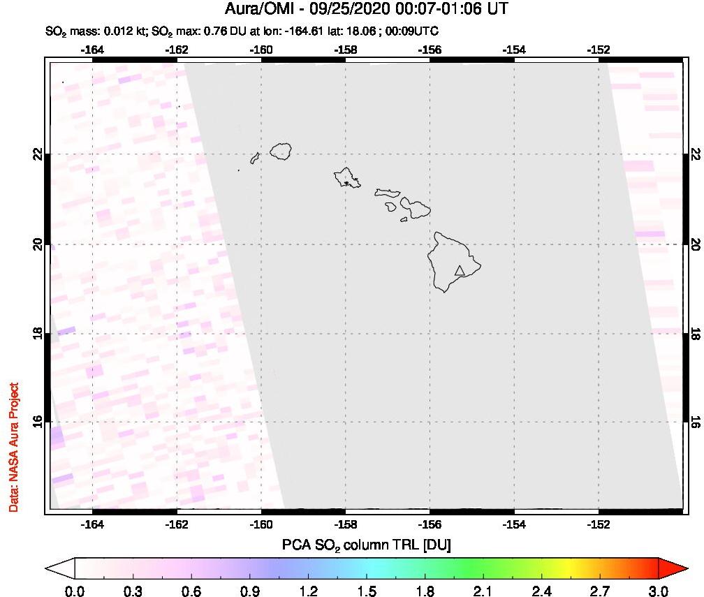 A sulfur dioxide image over Hawaii, USA on Sep 25, 2020.