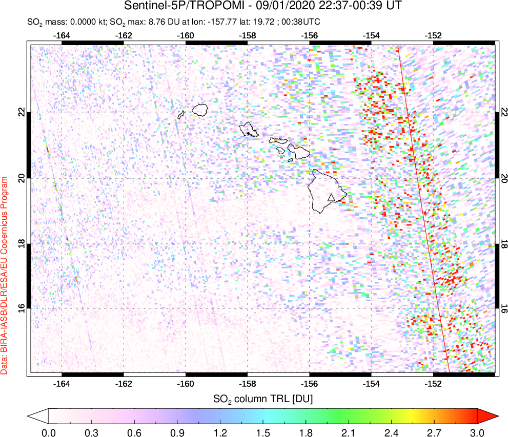 A sulfur dioxide image over Hawaii, USA on Sep 01, 2020.