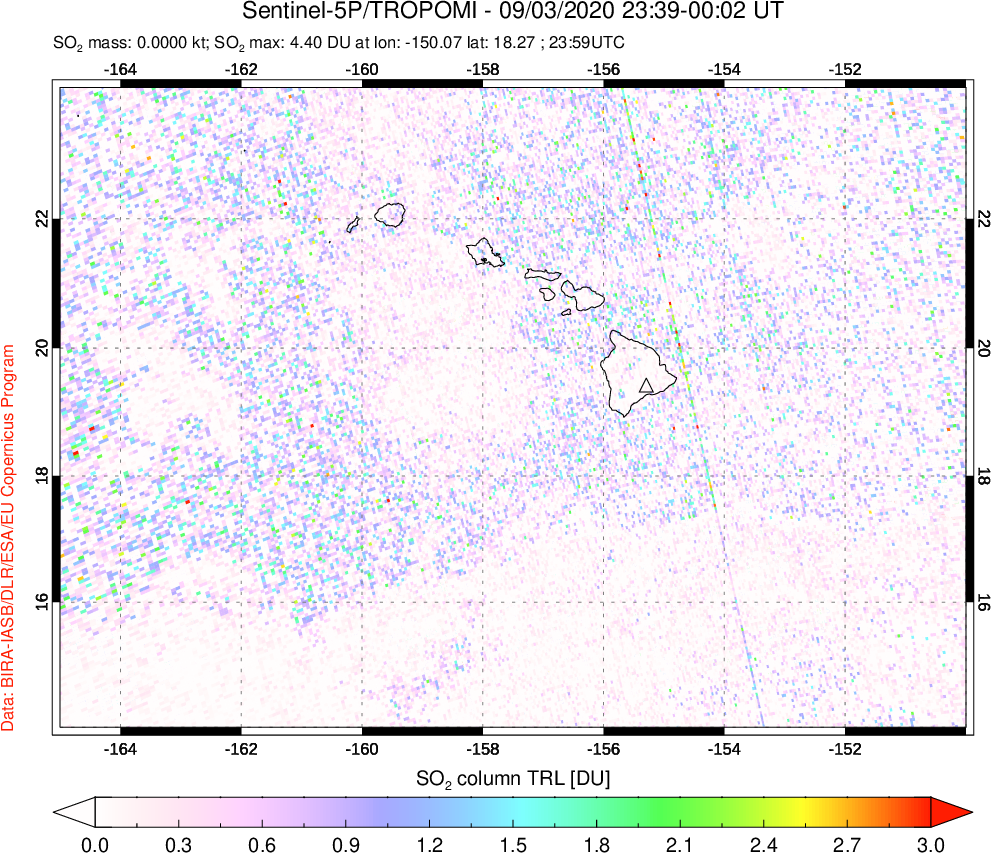 A sulfur dioxide image over Hawaii, USA on Sep 03, 2020.